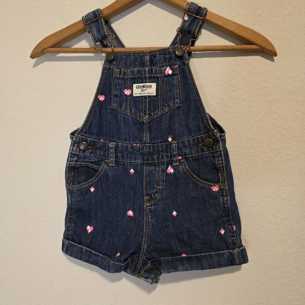 OshKosh Bgosh Denim Short Overalls Embroidered Pink Hearts & Diamonds 24M